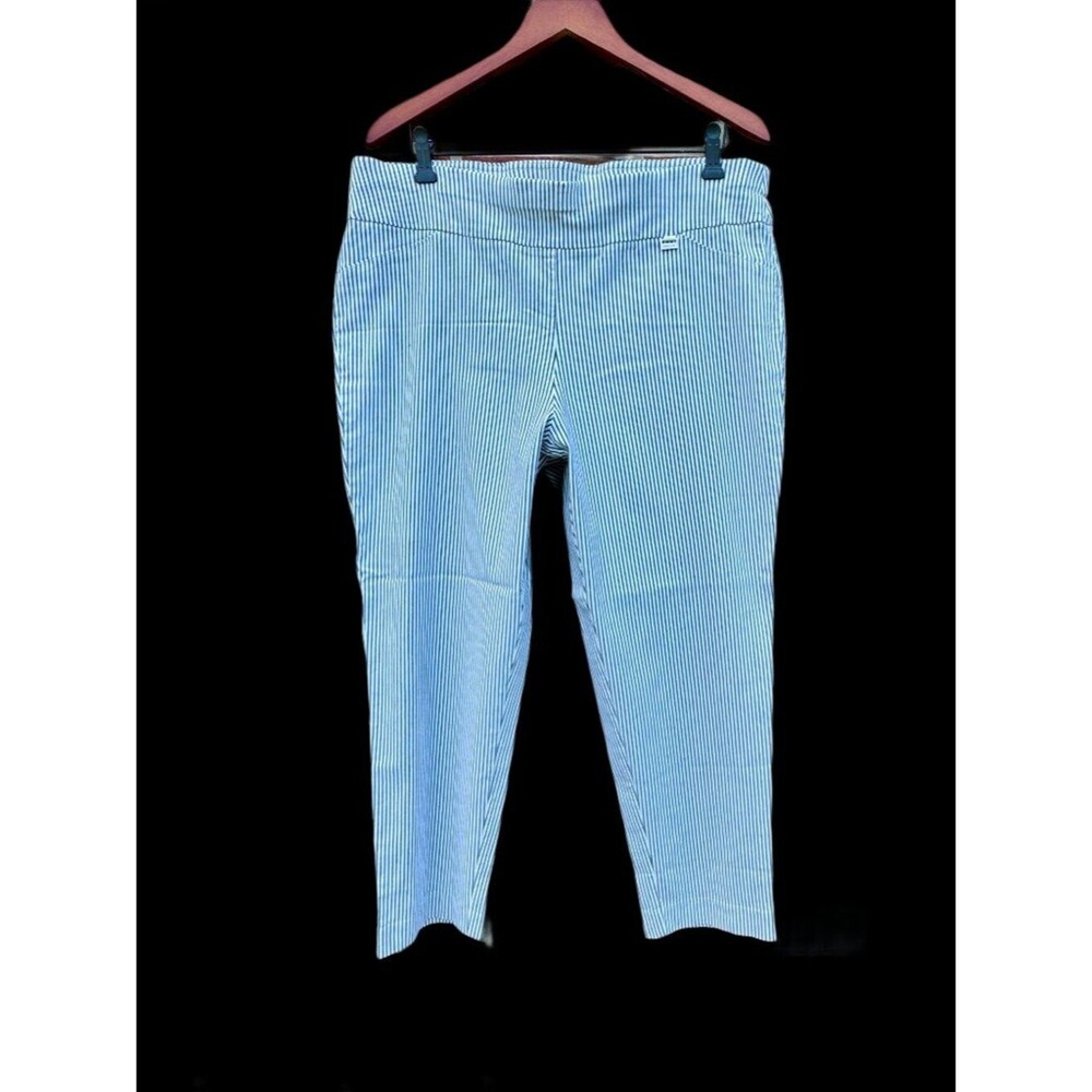 Anne Klein Cropped Pant Sz 2X Cream Gray Stripe Coastal Pull On Stretch Hi Rise